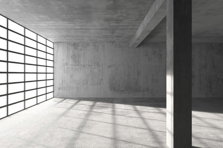 Minimalist industrial interior with concrete walls and large windows. 3d render..の写真素材