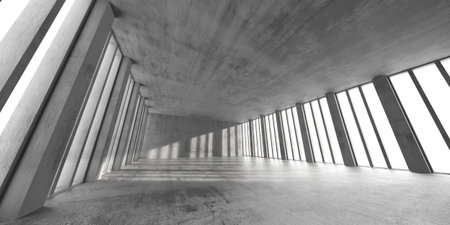Modern industrial interior with concrete walls and large windows for architectural design. 3d render.の写真素材