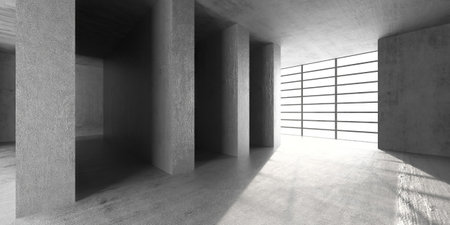 Modern architectural space with concrete columns and natural lighting. 3d render.の写真素材