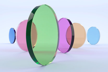 Abstract colorful transparent discs arrangement on light background. 3d render.の写真素材