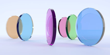 Abstract arrangement of colorful transparent disks on light background. 3d render..の写真素材