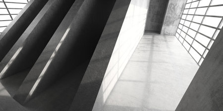 Modern architectural design featuring geometric concrete structures. 3d render.の写真素材