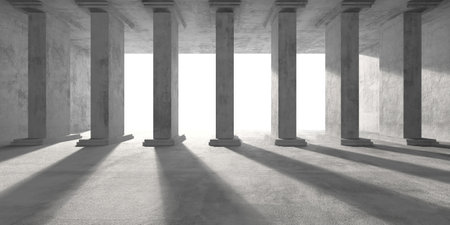 Ancient architectural hallway with sunlight streaming through columns. 3d render.の写真素材