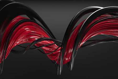 Abstract dynamic flowing waves in red and black twist patterns for modern design. 3d render..