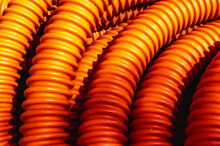 Bright orange industrial cable coils in sunlight.の写真素材