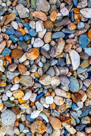Colorful natural pebbles close-up texture with various shapes and sizes.の写真素材