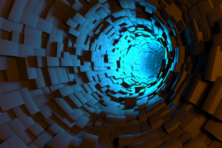 Futuristic tunnel vision with glowing blue light for sci-fi design. 3d render..の写真素材
