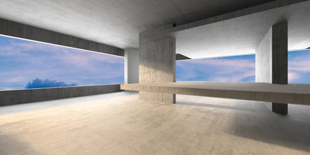 Modern architectural concrete structure with open sky views. 3d render.の写真素材