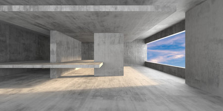 Modern industrial concrete interior with large sky view window. 3d render..の写真素材