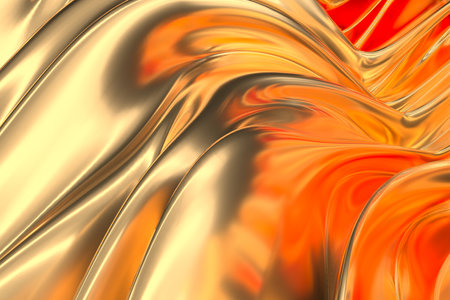 Abstract flowing metallic and orange waves, modern art design for interior decor. 3d render..の写真素材