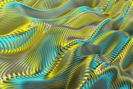 Abstract vibrant waves with yellow and blue ripple patterns. 3d render.の写真素材