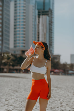 Young caucasian female athlete drinking water on beach with city in background.の写真素材