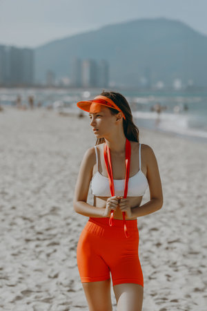 Young caucasian female in red athletic outfit walking on beach with cityscape in background.