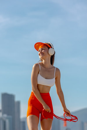 Young Asian female enjoys sunny outdoor workout with jump rope and music.の写真素材