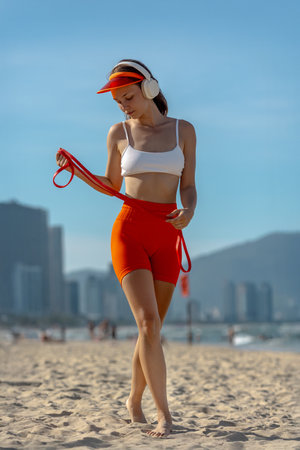 Young caucasian female exercising on beach with headphones and resistance band.の写真素材