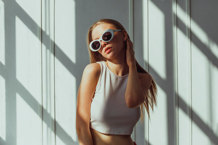 Young caucasian female posing in sunglasses and white top against wall with shadows.の写真素材