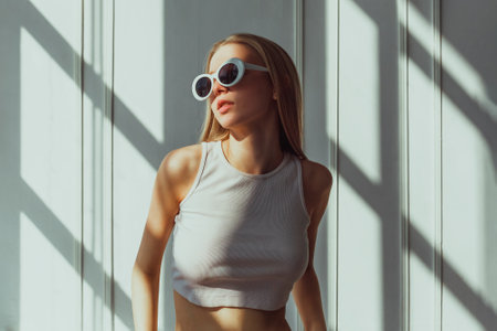Young caucasian female in sunglasses and white tank top standing in sunlit room.の写真素材