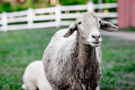 White sheep grazing in pasture near wooden fence on a farm.