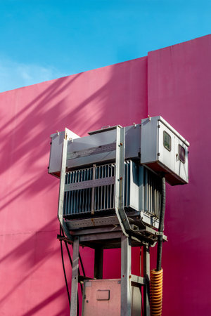 Industrial transformer against vibrant pink wall under clear blue sky.の写真素材