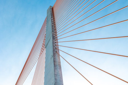 Modern cable-stayed bridge with blue sky and red cables in daylight.の写真素材