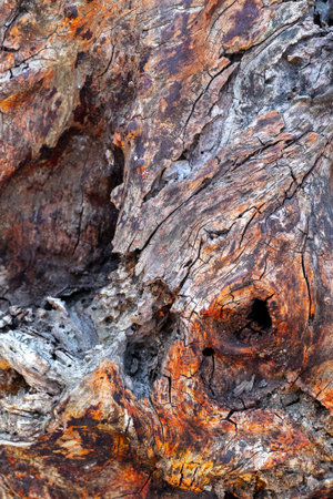 Detailed texture of weathered tree bark with natural patterns and colors.の写真素材