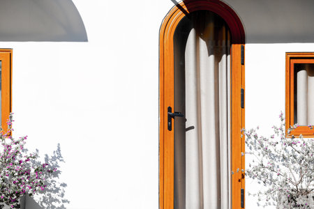 Wooden door and window on white building with sunlit flowers.の写真素材