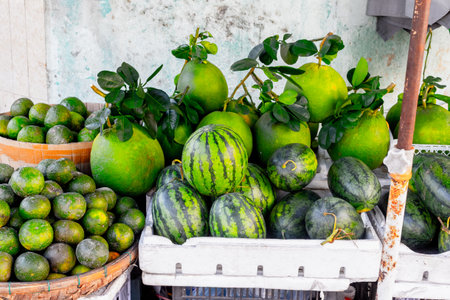 Variety of fresh fruits: watermelons, oranges, and grapefruits at the market stall.の写真素材