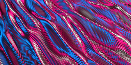 Colorful waves of metallic zigzag textures in abstract design. 3d render.
