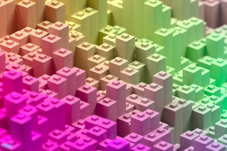 Vibrant geometric blocks pattern in gradient colors for creative design and decor. 3d render.