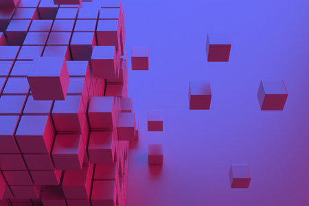Abstract digital art of floating cubes in vibrant color scheme. 3d render..