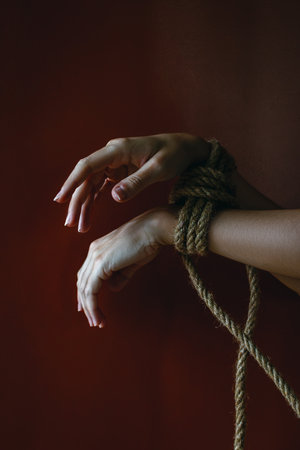 Caucasian female hands bound with rope on red background.の写真素材