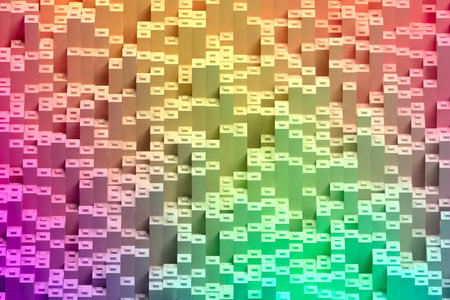 Vibrant geometric cityscape with colorful gradient blocks for modern design projects. 3d render.の写真素材