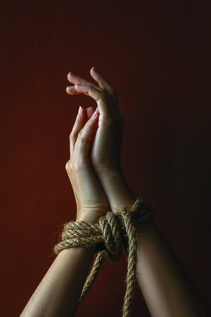 Bound female hands with rope against dark background.の写真素材