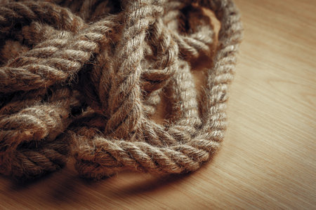 Coiled jute rope on wooden surface with textured fibers.の写真素材