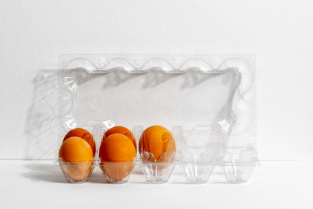 Five brown eggs in clear plastic carton on white surface under bright light.の写真素材