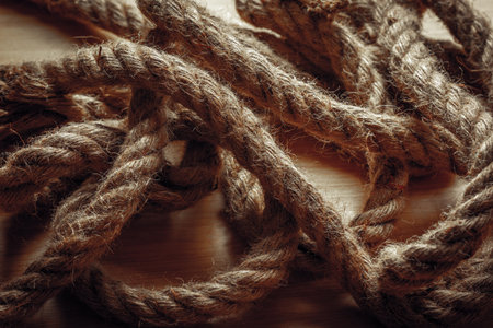 Close-up of twisted jute ropes on wooden surface with detailed texture.の写真素材