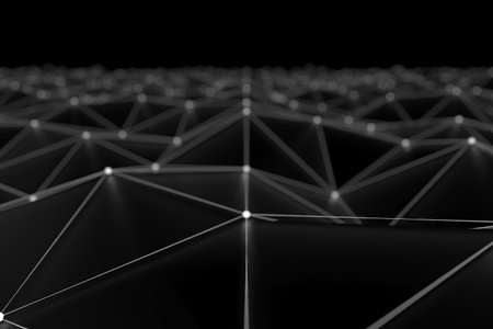 Abstract geometric network of black triangular mesh with glowing nodes in digital space. 3d render.