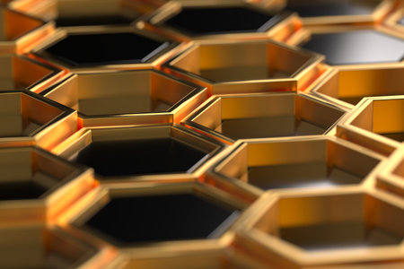 Hexagonal geometric pattern in gold and black, modern abstract design for interior decor. 3d render.の写真素材