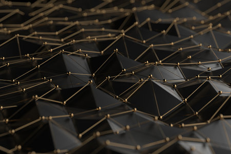 Abstract geometric pattern with gold and black 3d triangles and lines for modern design. 3d render.