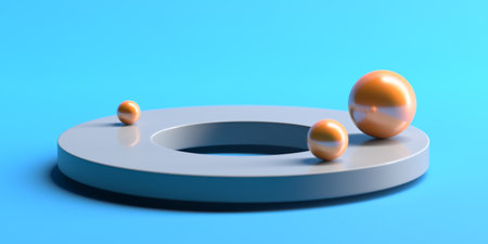 Abstract geometric composition with orange spheres on blue background. 3d render.の写真素材