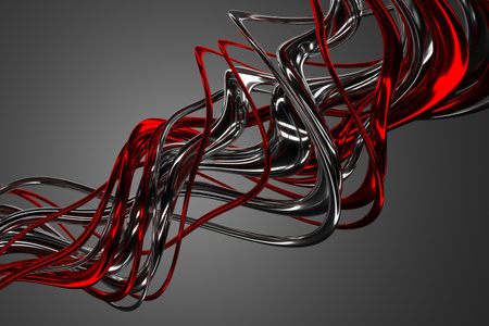 Abstract fluid metallic and red waves on dark background for modern design decor. 3d render.の写真素材