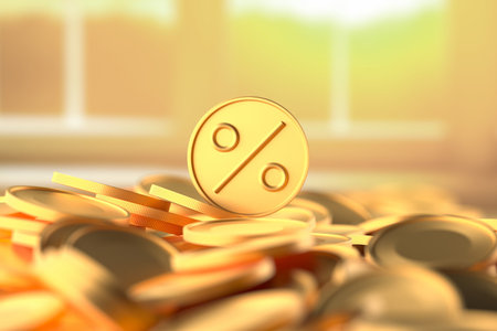 Golden percentage symbol on stacked coins in warm light .3d render.の写真素材