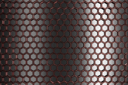 Metallic hexagonal pattern on reflective surface for modern design. 3d render.