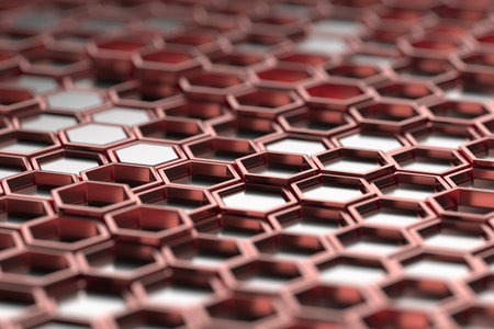 Geometric hexagonal pattern in metallic red for modern design and architectural inspiration. 3d render.の写真素材