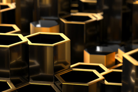 Geometric hexagonal pattern with luxurious golden accents for modern design. 3d render.