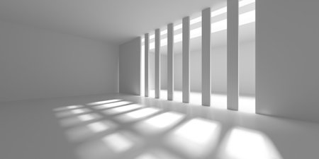 Minimalist architectural interior with sunlight and shadows creating geometric patterns. 3d render.の写真素材