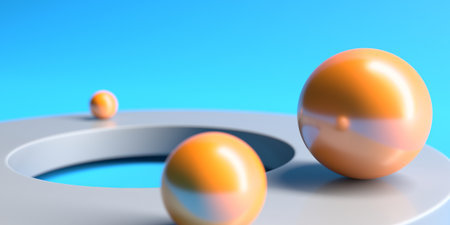 Abstract modern design featuring spheres on circular shapes with sky blue background. 3d render.