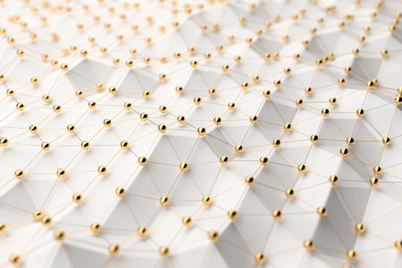 Elegant geometric network of gold spheres and white connections for modern design .3d render.