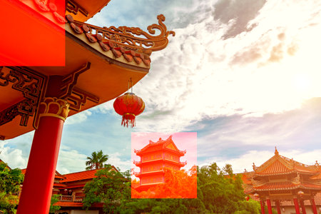 Traditional Chinese temple with red lanterns under blue sky.の写真素材