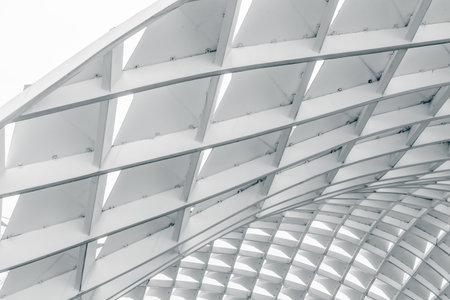 Modern architectural structure with curved geometric grid design in gray and white tones.の写真素材